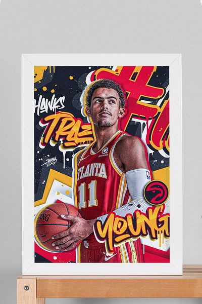 Saturn Trae Young Framed Painting - Atlanta Hawks Nba Poster Painting