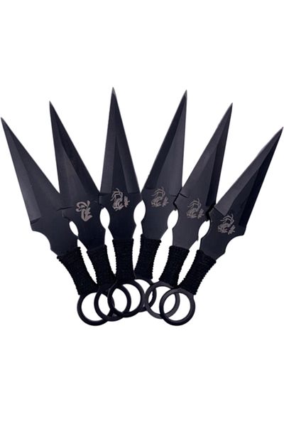 dalimag Set 6 Cutite Ninja de Aruncat, Kunai, Maner Snur Impletit, 16 cm, Negru, Dalimag