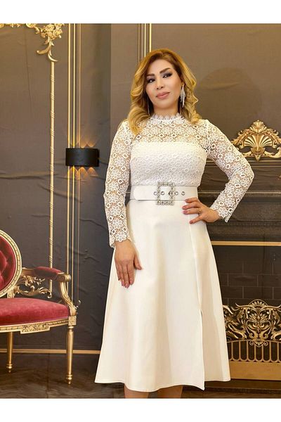Yeşilmoda Evening Dress, Lined, Belted, White and Black, Ripped, Crepe Fabric, Lace, Elegant Evening, Lace Sleeve, Flared