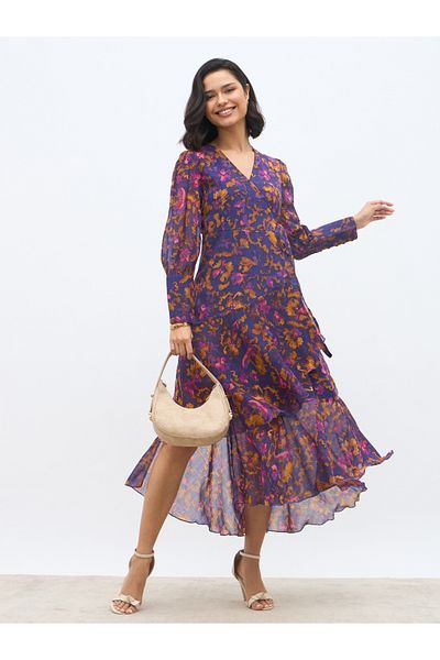 Styli All-Over Print Asymmetric Hem Wrap Midi Dress