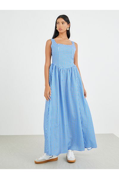 Styli Checked Print Sleeveless A-Line Maxi Dress