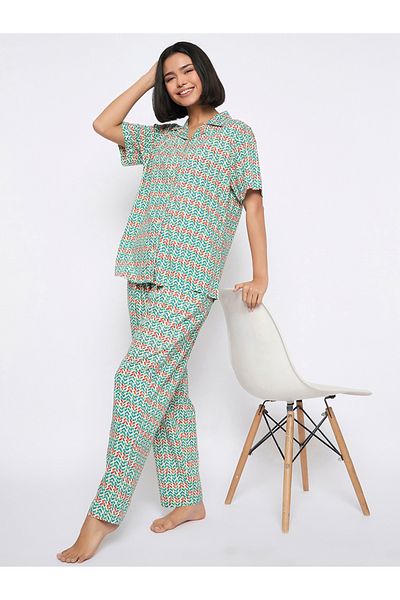 Clovia By Styli All-Over Print Button Down Shirt and Pyjama Set