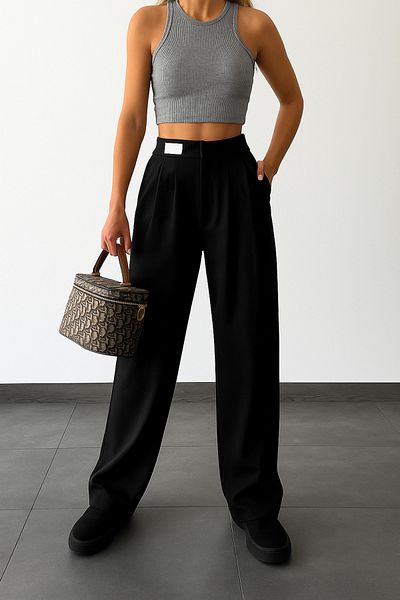 owwon Women's Waist Detailed Black Palazzo Trousers with Elastic Waist
