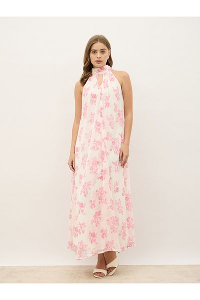 Styli All-Over Floral Print Halter Neck A-Line Maxi Dress