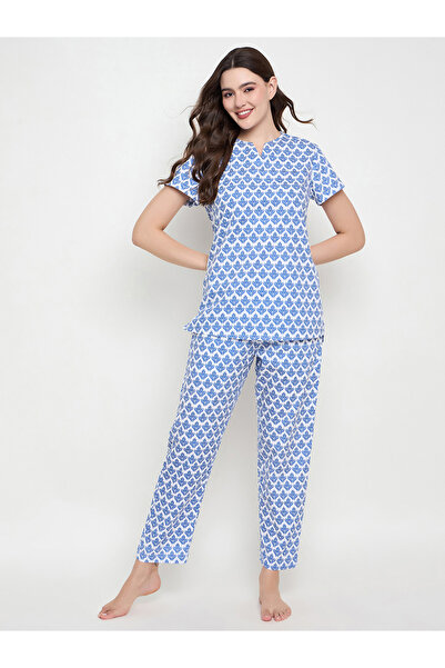 Clovia By Styli Printed Notch Neck Top and Pyjama Set