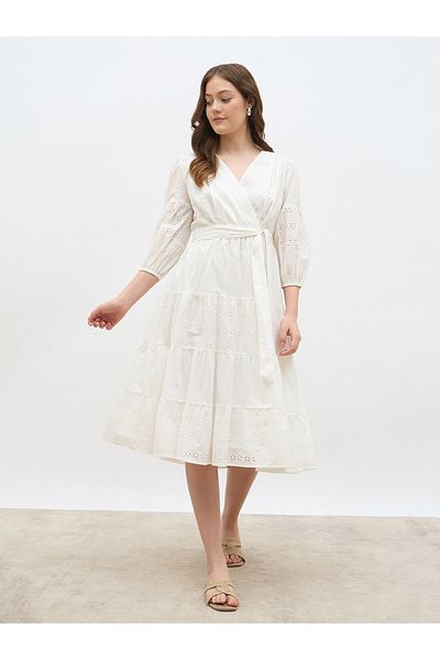 Styli Schiffli Wrap Balloon Sleeve Midi Dress