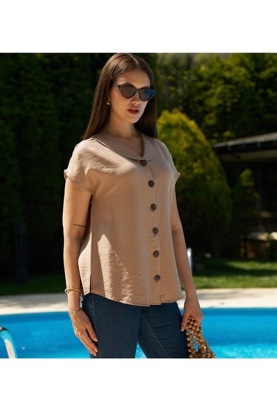 MACHEK Şal yaka yanı yırtmaçlı salaş keten bluz