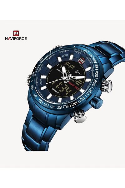Naviforce Luxury Digital Analog Sports Watch for Men Stainless Steel Band LED Backlight Water Resistant 30M