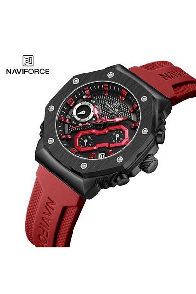 Naviforce Men's Black & Red Sport Chronograph Watch Bold Design Waterproof Quartz Movement