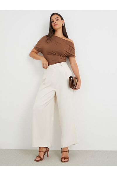 Styli Mid Rise Wide Leg Pleated Pants