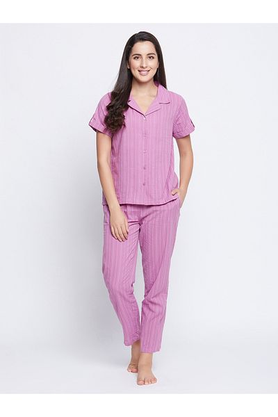 Clovia By Styli Striped Button Down Shirt and Pyjama Set