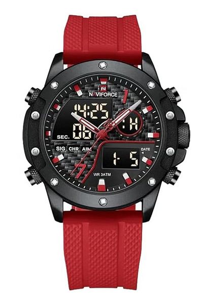 Naviforce Men's Racing-Inspired Analog-Digital Watch Black Dial with Red TPU Strap Sport