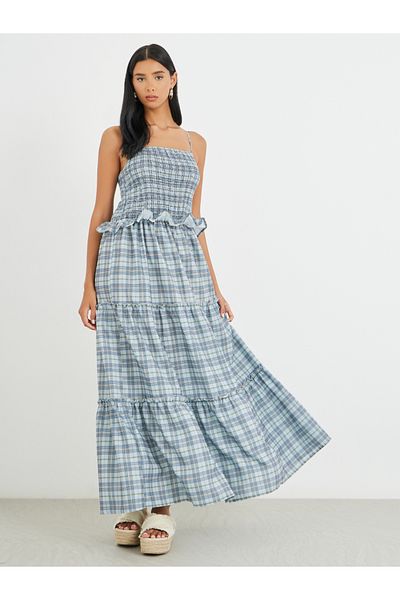 Styli Checked Print Ruffled Detail Strappy Maxi Dress