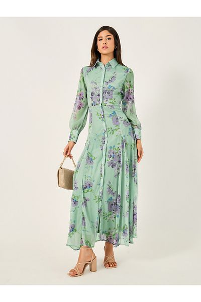 Styli Floral Print Long Sleeves Shirt Maxi Dress