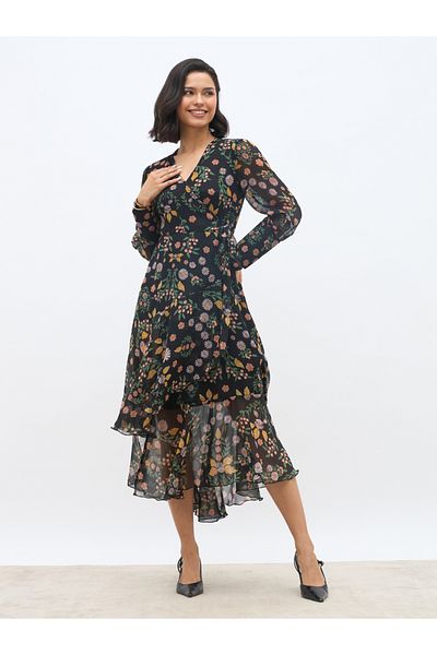 Styli All-Over Print Asymmetric Hem Wrap Midi Dress