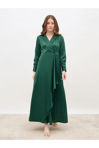 Styli Plain Satin Pleated Wrap Maxi Dress with Notch Lapel