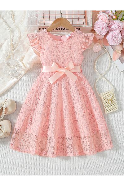 Take Two By Styli Lace Ruffled Sleeve Bow Detail Knee Length Dress