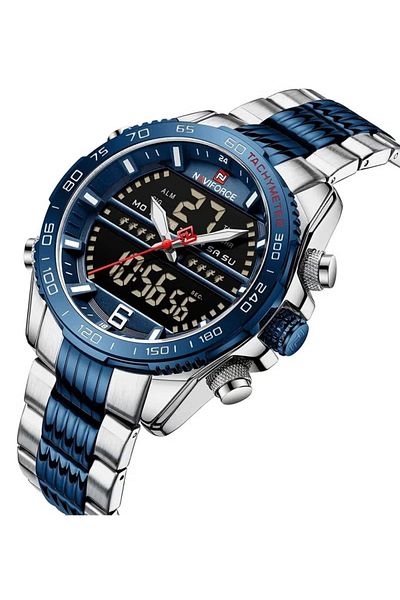 Naviforce Dual Display Sport Watch Blue Silver Stainless Steel Band Analog Digital Quartz Water Resistant