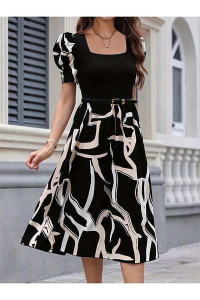 Take Two By Styli Printed Puff Sleeve Belted Knee-Length Dress