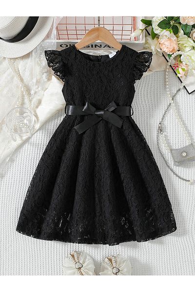 Take Two By Styli Lace Ruffled Sleeve Bow Detail Knee Length Dress