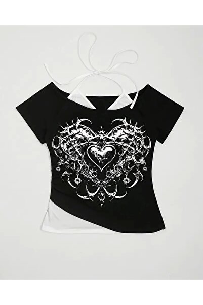 Violon Black Gothic Love Collar Short Sleeve Full Body Crop with Additional S...