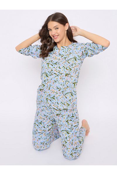 Clovia By Styli Floral Print Notch Neck Top and Pyjama Set