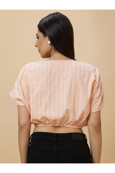 Globus By Styli Stiped Ruched Sleeve Waist Tie-Up Crop Top