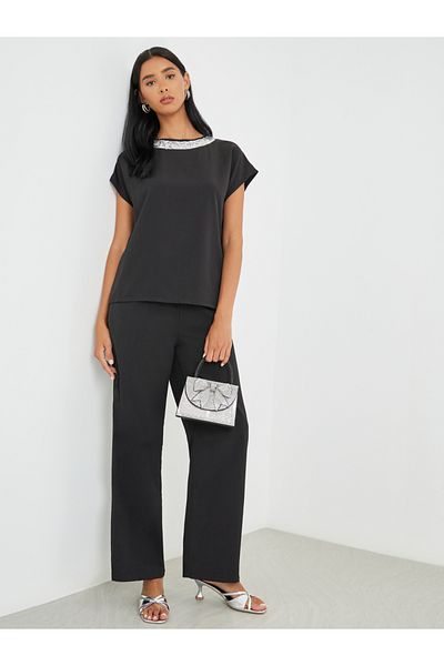 Styli Sequined Neckline Top and Pants Co-Ords