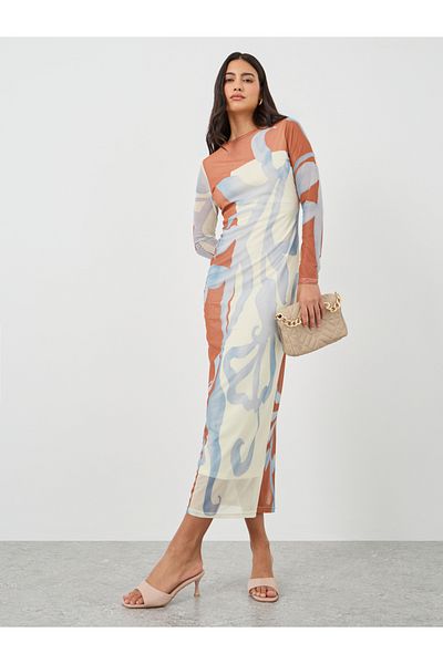Styli Printed Long Sleeves Bodycon Maxi Dress
