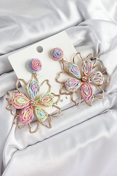 Clariss Brass Rainbow Flower Model Gold Color Women's Straw Earrings