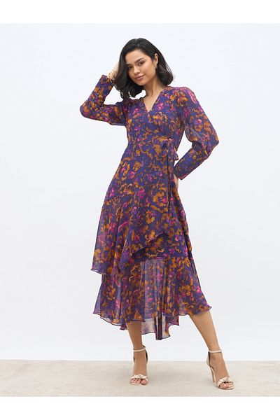 Styli All-Over Print Asymmetric Hem Wrap Midi Dress