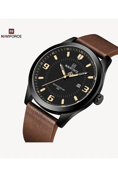 Naviforce Brown Leather Strap Mens Watch Waterproof Analog Quartz Wristwatch with Date Display Luminous