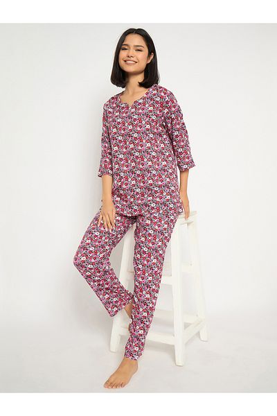 Clovia By Styli Floral Print Notch Neck Top and Pyjama Set