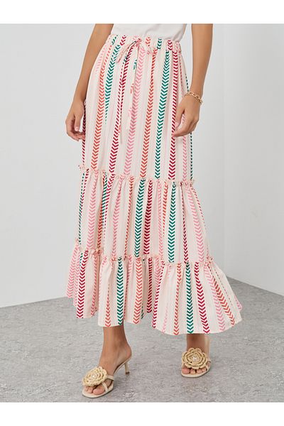 Styli High Rise Striped Tiered Maxi Skirt