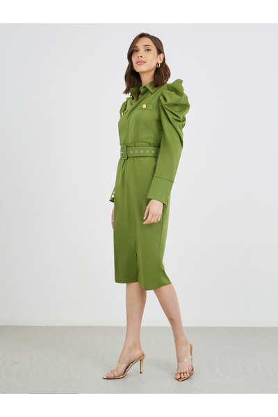 Take Two By Styli Solid Puff Sleeve Buttoned Belted Knee Length Dress