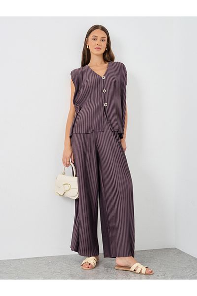 Styli Elasticated Waistband Wide Leg Plisse Trousers