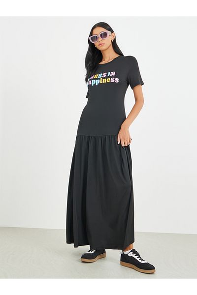 Styli Slogan Print Short Sleeve T-Shirt Maxi Dress