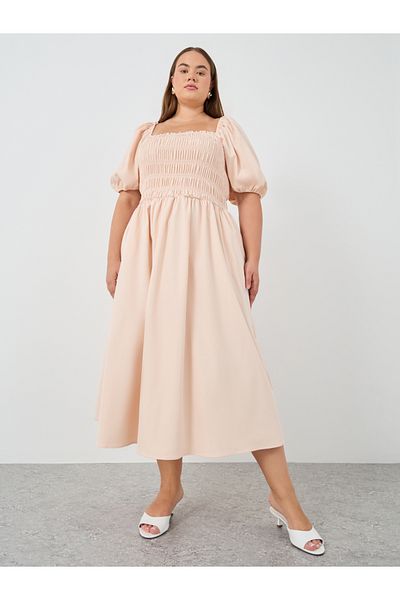 Styli Plus Size Puff Sleeve Smocked Detail A-Line Midi Dress