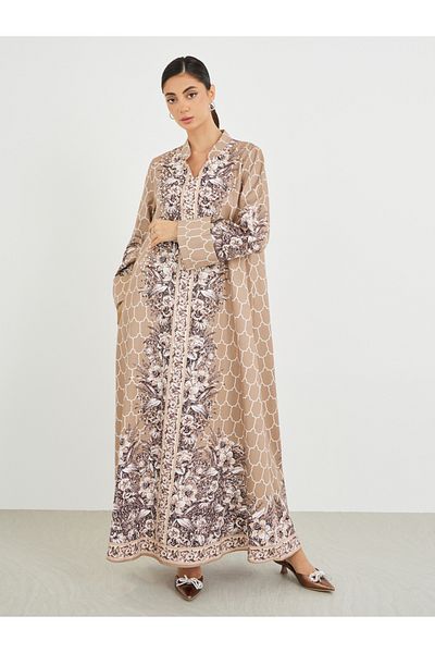 Styli Floral Print Embellished Mandarin Collar A-Line Jalabiya