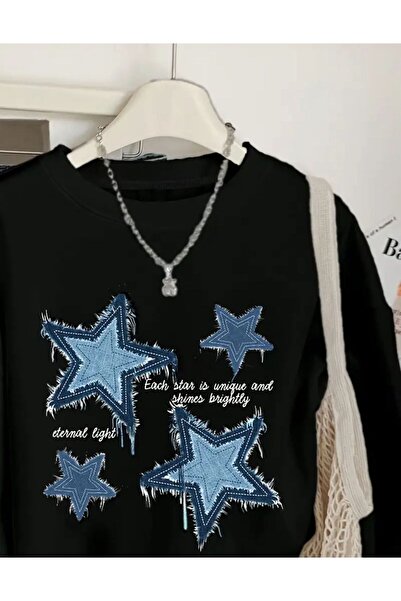 caddekombin Blue Denim Art Printed Crew Neck Black Sweatshirt