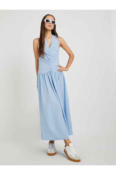 Styli Solid Sleeveless Halter Neck Ruched Detail Midi Dress