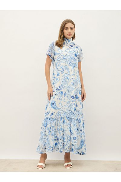 Styli All-Over Print High Neck A-Line Maxi Dress