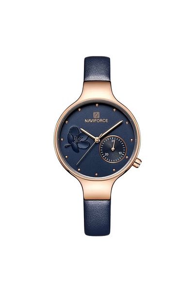 Naviforce Elegant Women's Quartz Watch Stylish Round Dial with Floral Embossed Design Sub-Dial Display