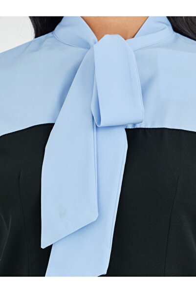 Take Two By Styli Color Block Tie Up Neck Long Sleeve Blouse