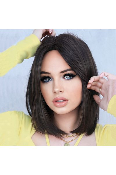 Fenomen Peruk Dark Brown Straight Bob Long Perçemli Wig