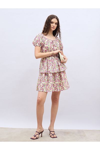 Styli Floral Print Ruff Sleeve Smocked Detail Knee-Length Dress