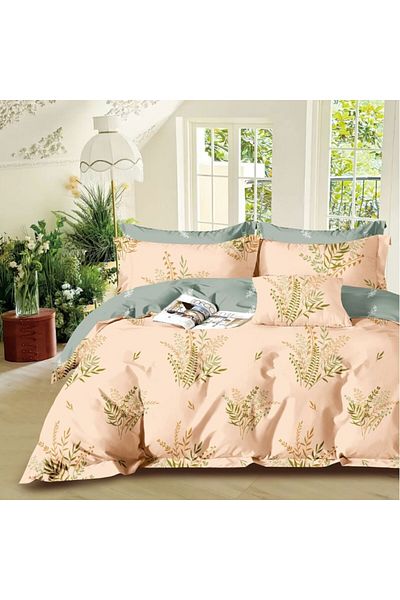 Pucioasa Double percale bed linen 6 pieces 100% cotton with decorative plants, duvet cover sheet 200x230cm
