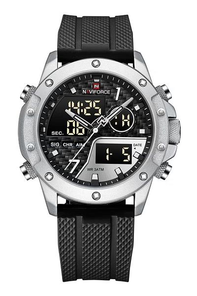 Naviforce Mens Black Dial Silver Case Black Rubber Strap Watch Analog Digital Quartz Waterproof Chronograph