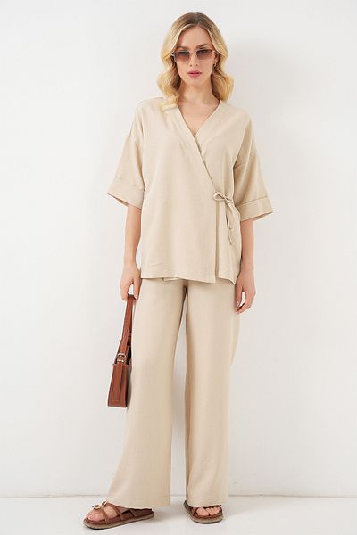 Bigdart Women's Tie Front Top and Bottom Set 6745 - Beige