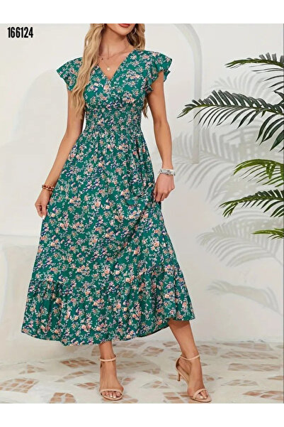 moda wanilia Women's Elastic Waist Floral Patterned Double Breasted Collar Single Breasted Dress